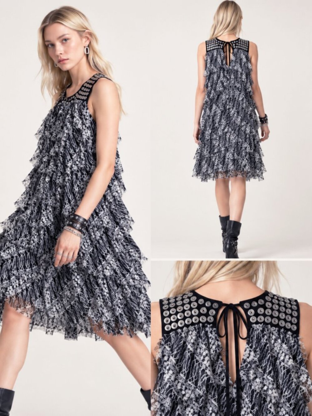Skeleton Skull Print Thomas Wylde S 100% Silk Layered Mini Dress Dark Romance
